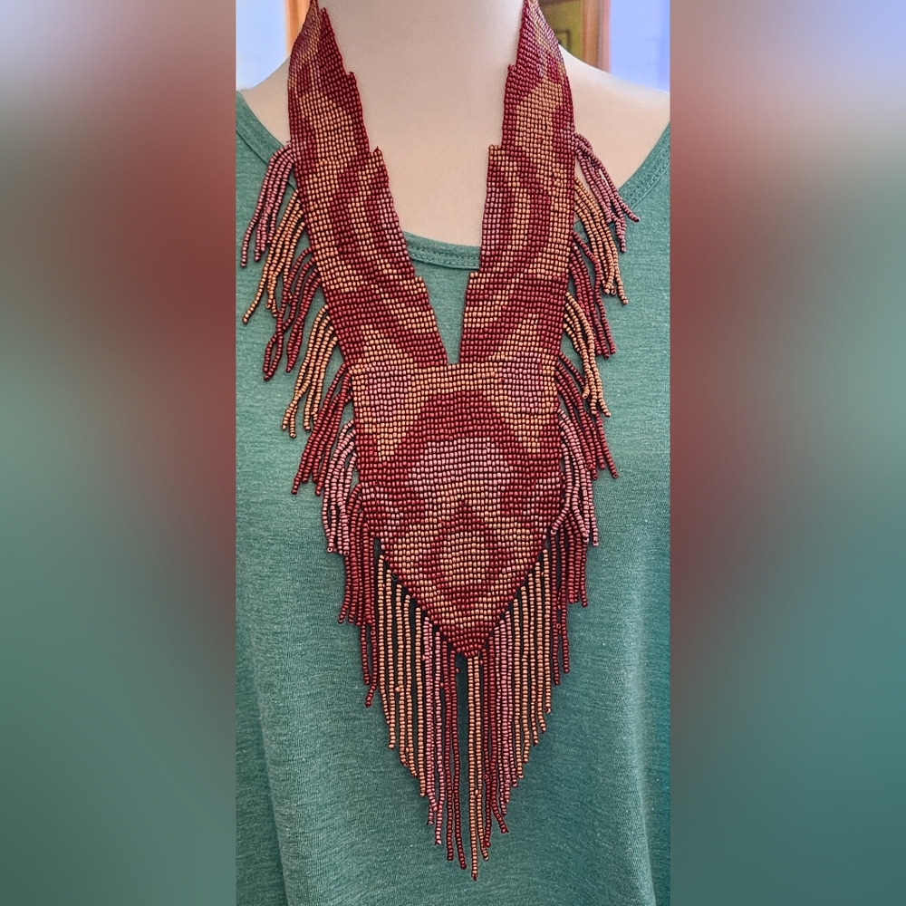 Burgundy Gold Lavender Boho Seed Beaded Fringe Statement Necklace